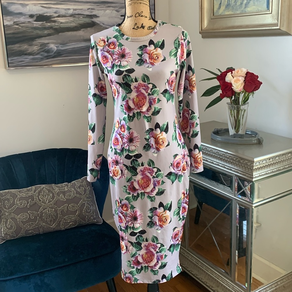 ZARA Floral Spring bodycon scuba long sleeve floral dress purple green pink M 8